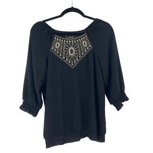 Bob Mackie Black Embroidered Pearl Floral Embellished Blouse Women’s XS